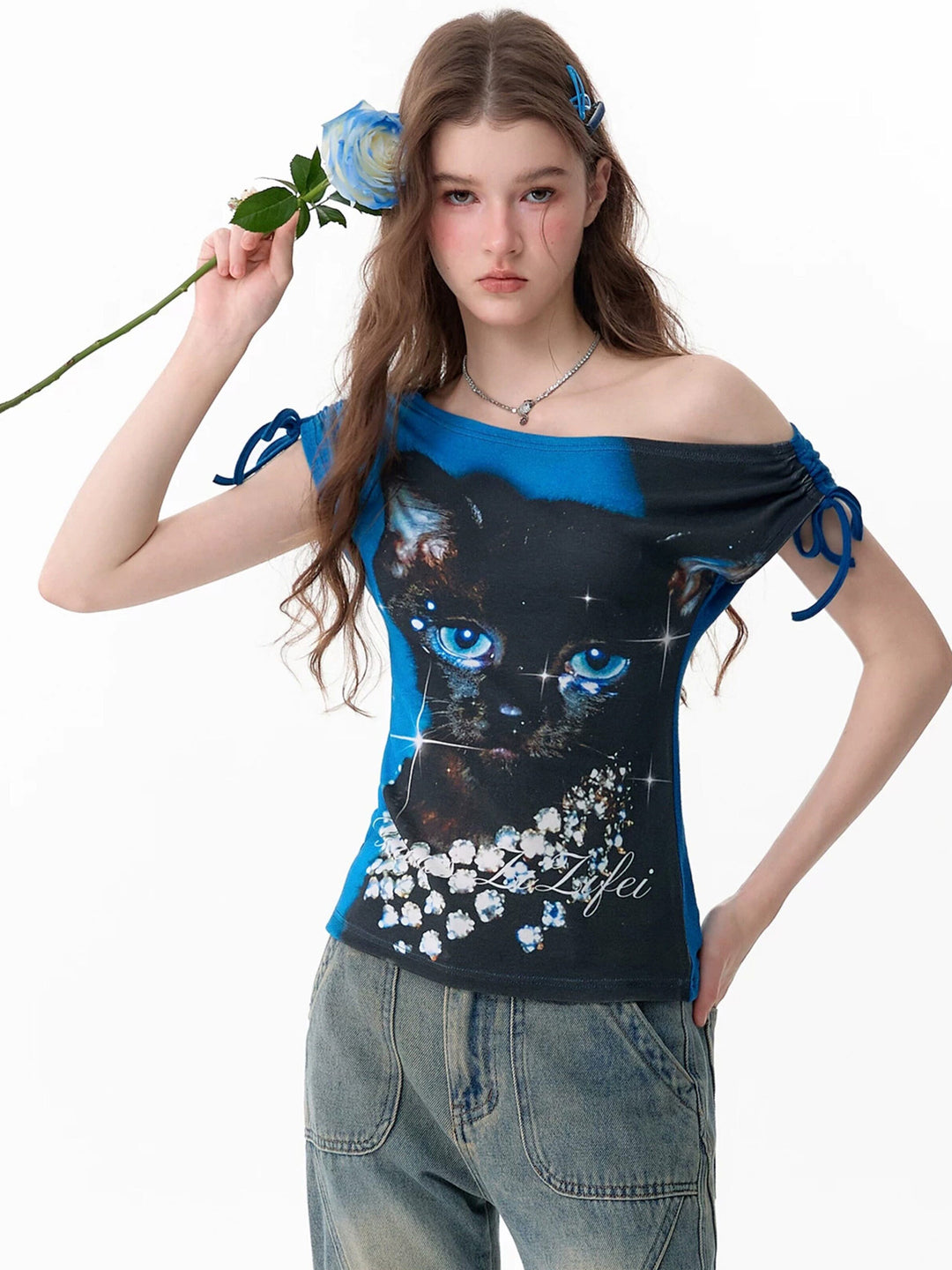 Sparkle Cat Graphic Off-Shoulder T-Shirt