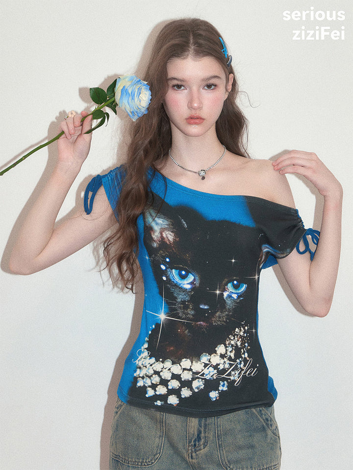 Sparkle Cat Graphic Off-Shoulder T-Shirt