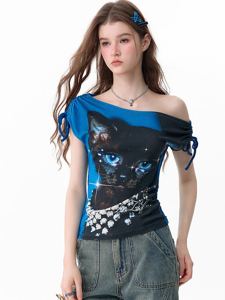 Sparkle Cat Graphic Off-Shoulder T-Shirt