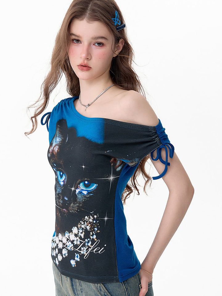 Sparkle Cat Graphic Off-Shoulder T-Shirt