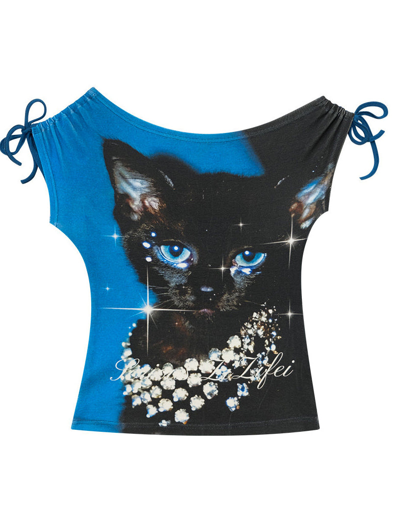 Sparkle Cat Graphic Off-Shoulder T-Shirt