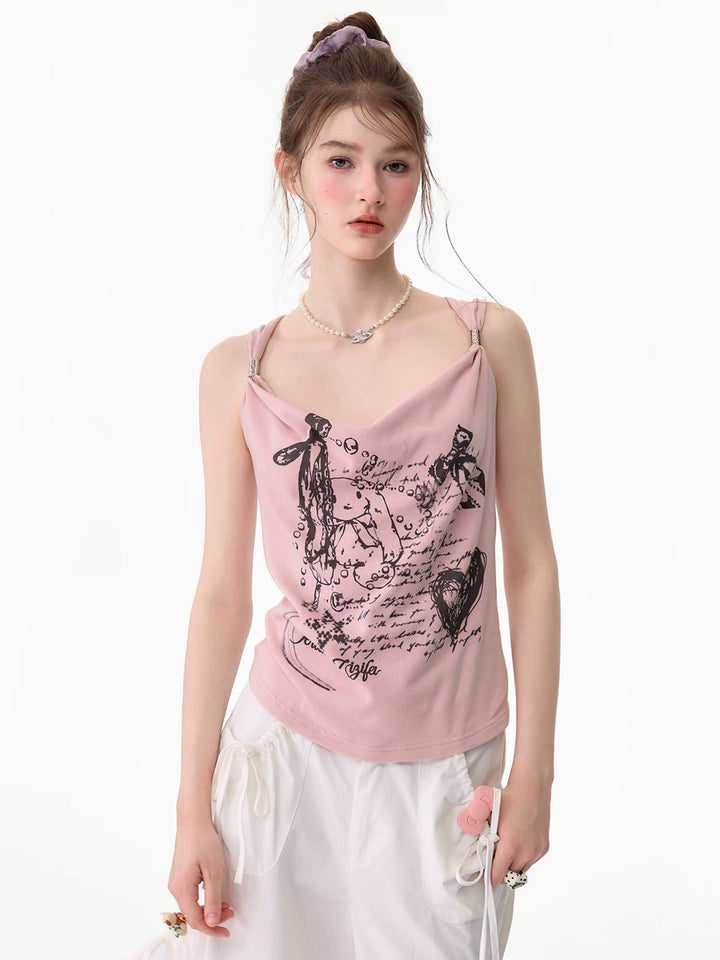 Y2K Bunny Graphic Twist-Strap Cami