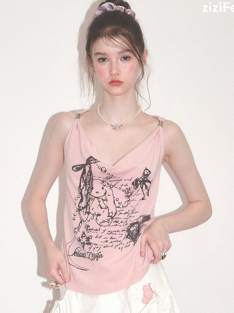 Y2K Bunny Graphic Twist-Strap Cami