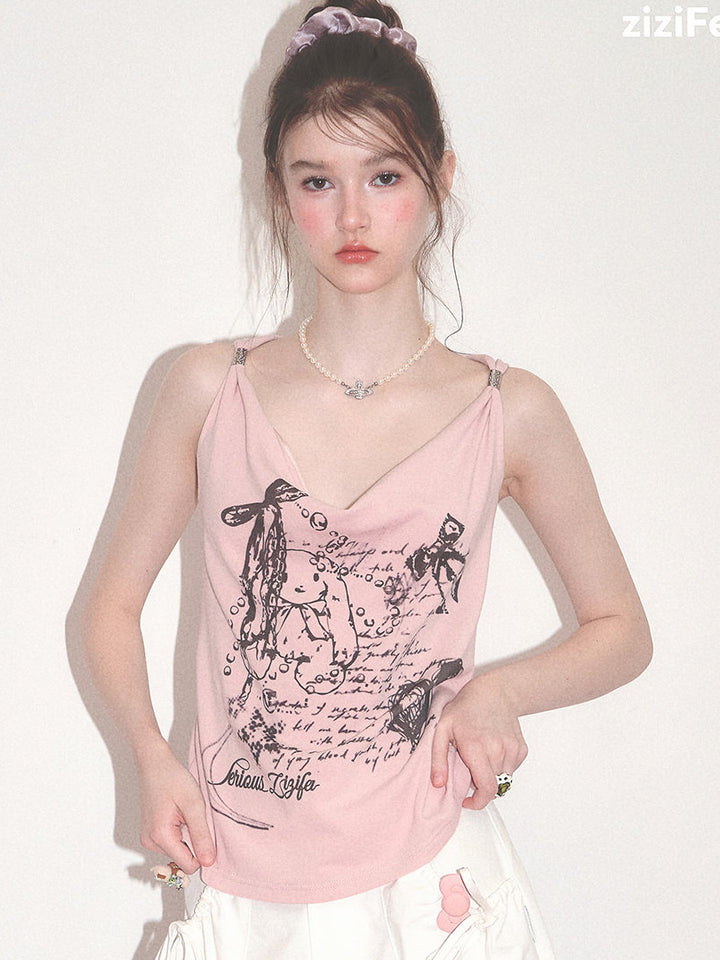 Y2K Bunny Graphic Twist-Strap Cami