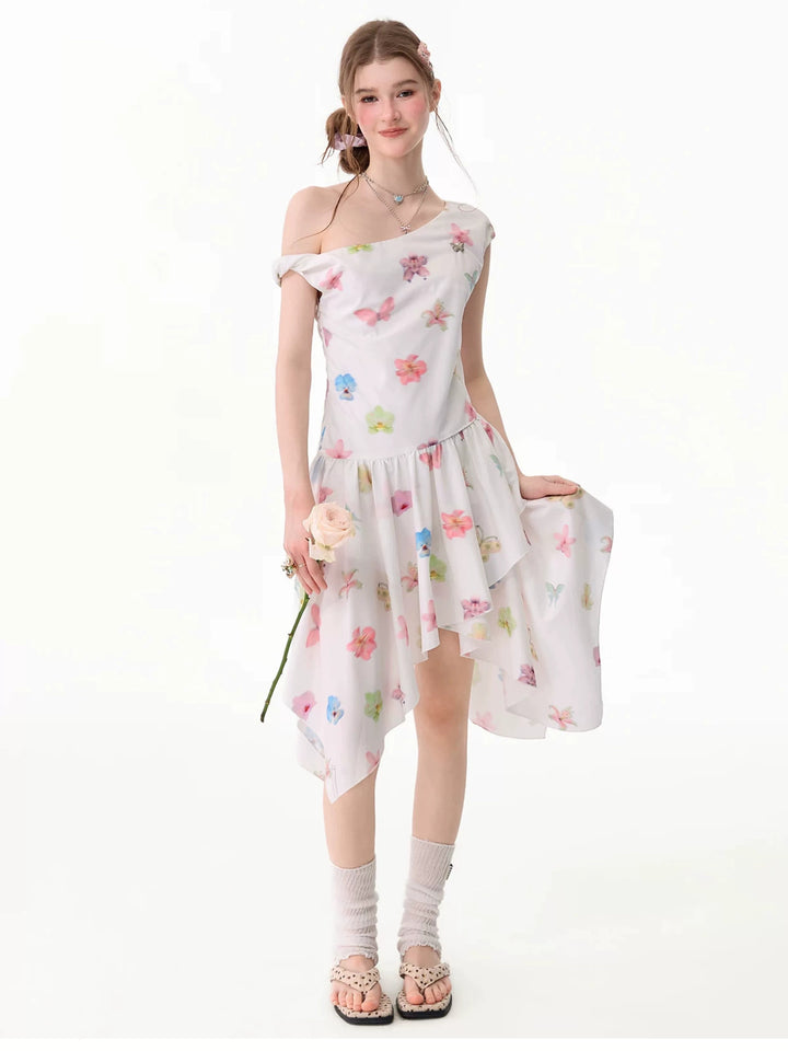 White Butterfly Floral Handkerchief Hem Dress