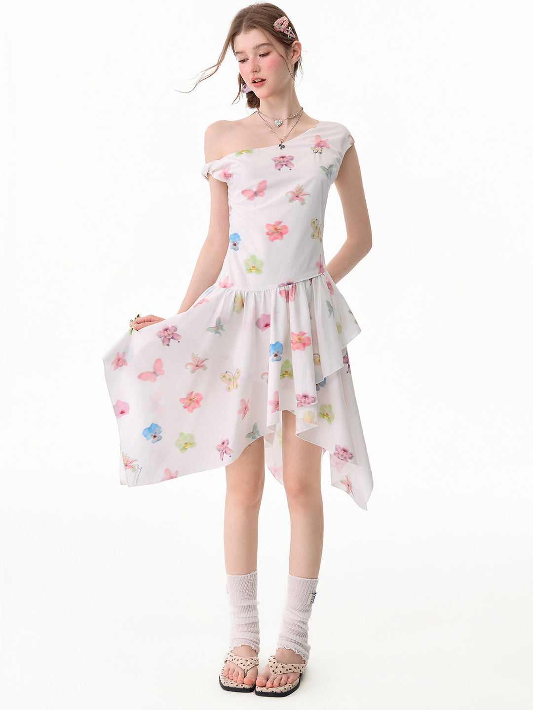 White Butterfly Floral Handkerchief Hem Dress