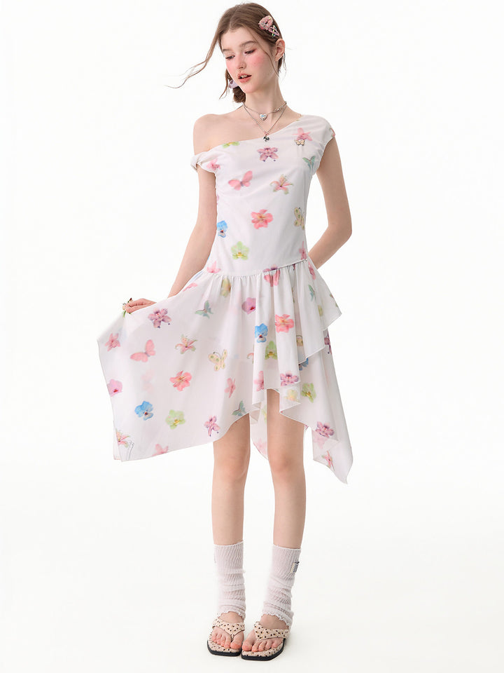 White Butterfly Floral Handkerchief Hem Dress