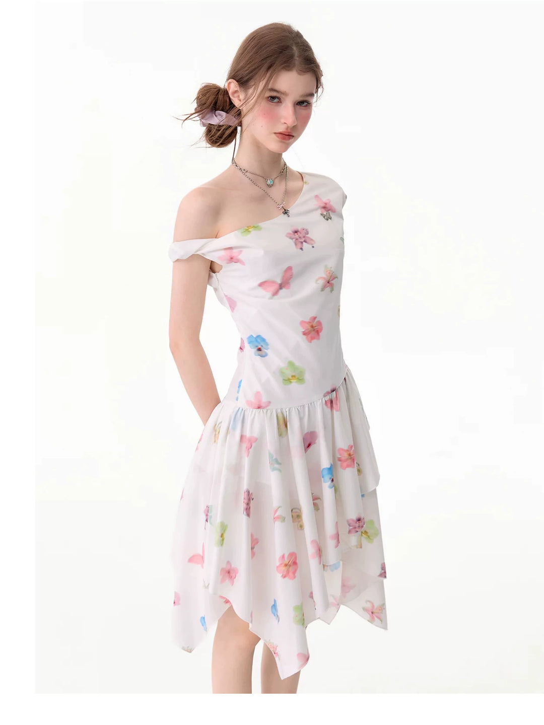 White Butterfly Floral Handkerchief Hem Dress
