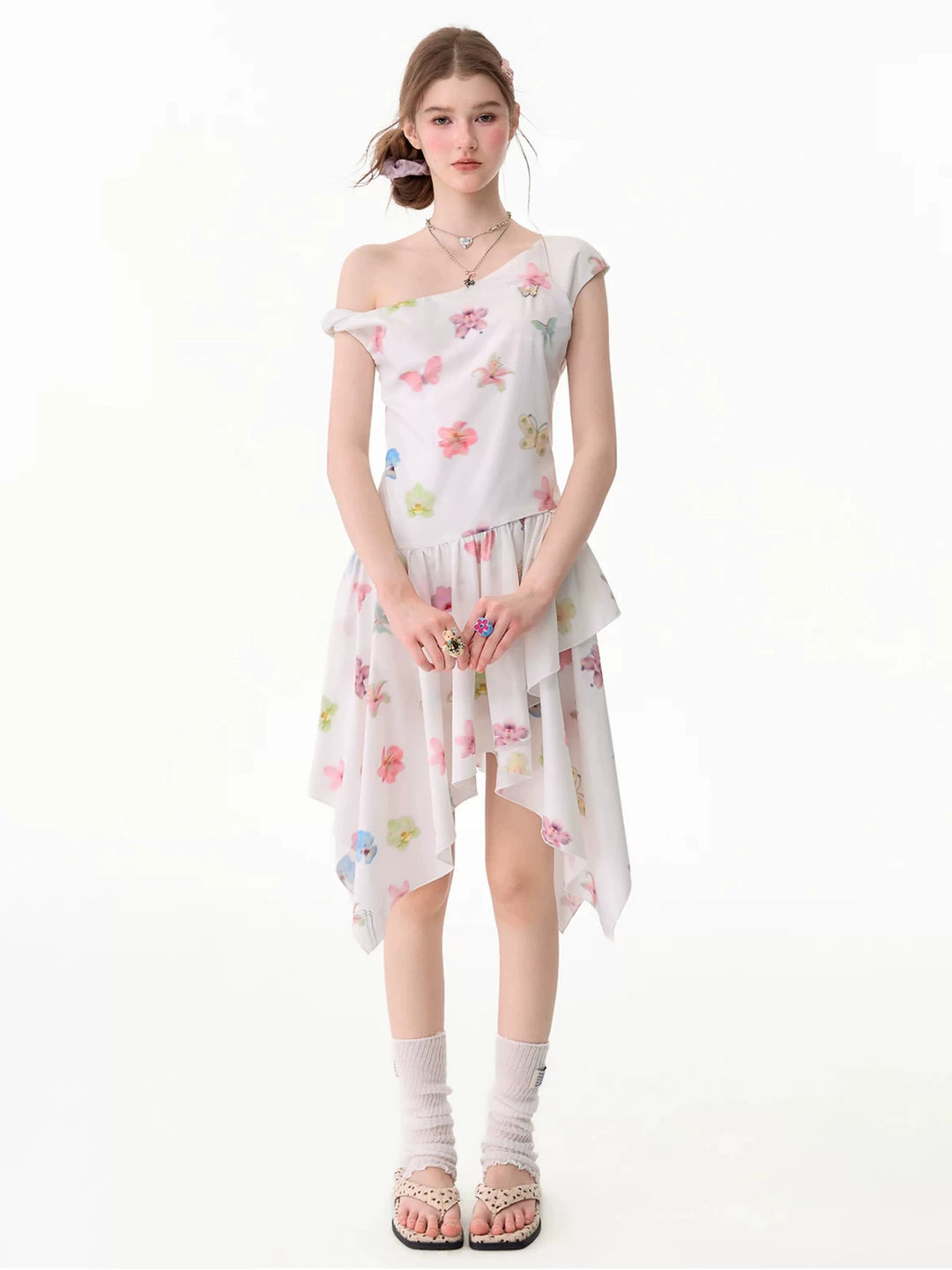 White Butterfly Floral Handkerchief Hem Dress