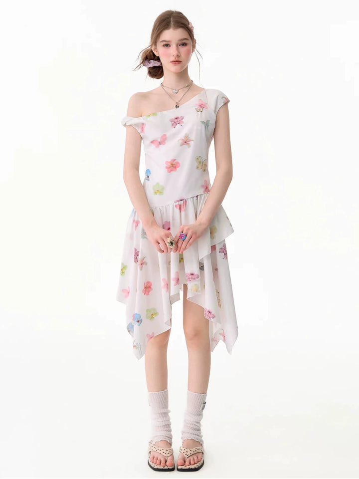 White Butterfly Floral Handkerchief Hem Dress