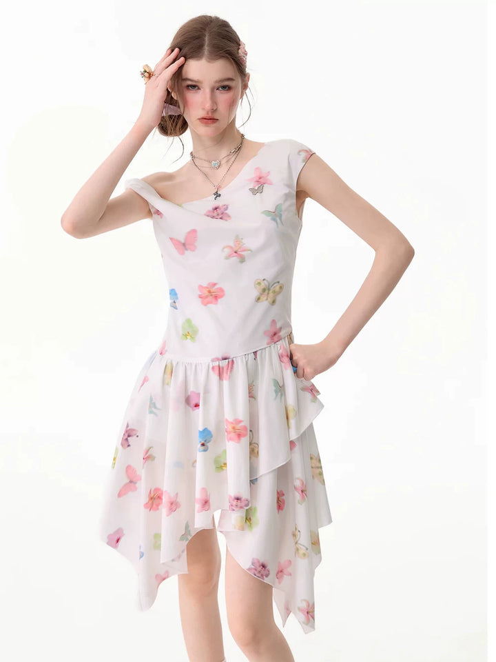 White Butterfly Floral Handkerchief Hem Dress