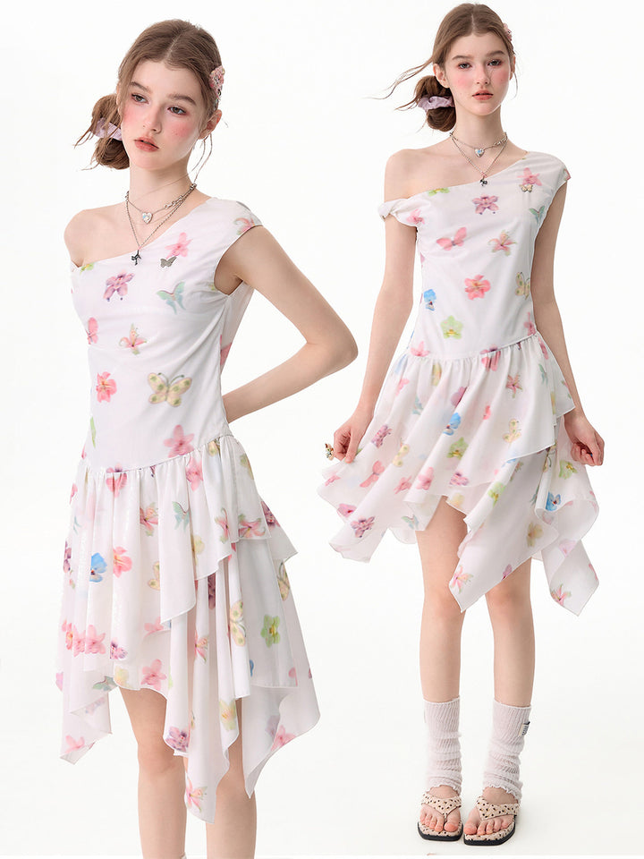 White Butterfly Floral Handkerchief Hem Dress