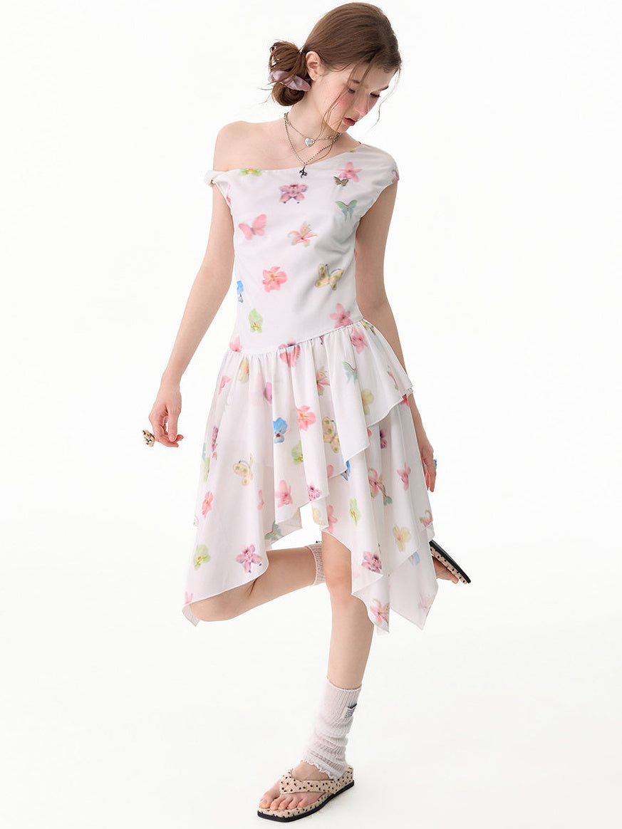 White Butterfly Floral Handkerchief Hem Dress
