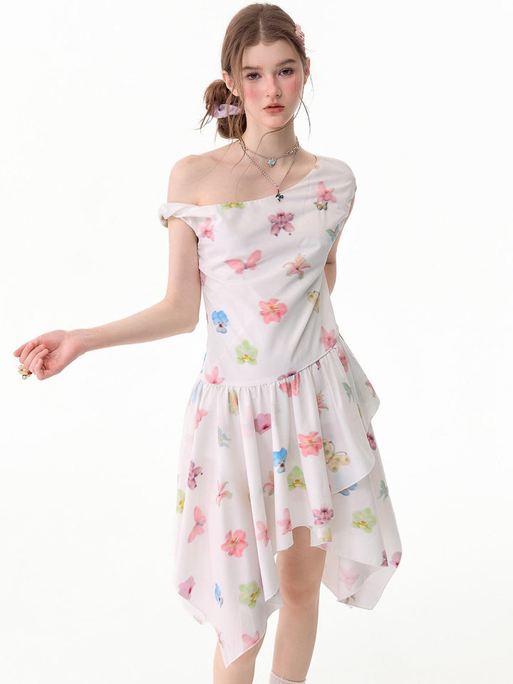 White Butterfly Floral Handkerchief Hem Dress