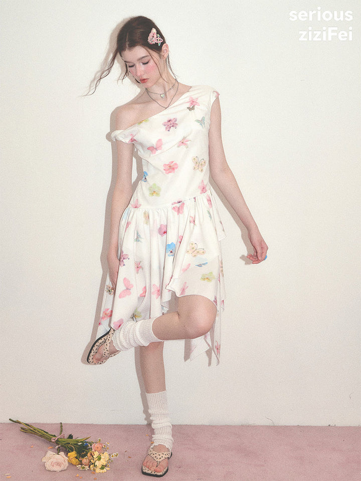White Butterfly Floral Handkerchief Hem Dress