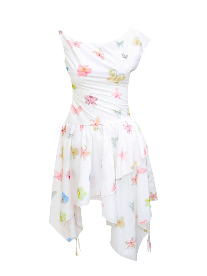White Butterfly Floral Handkerchief Hem Dress