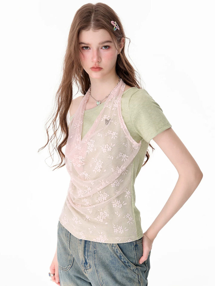 Floral Lace Faux Two-Piece T-Shirt