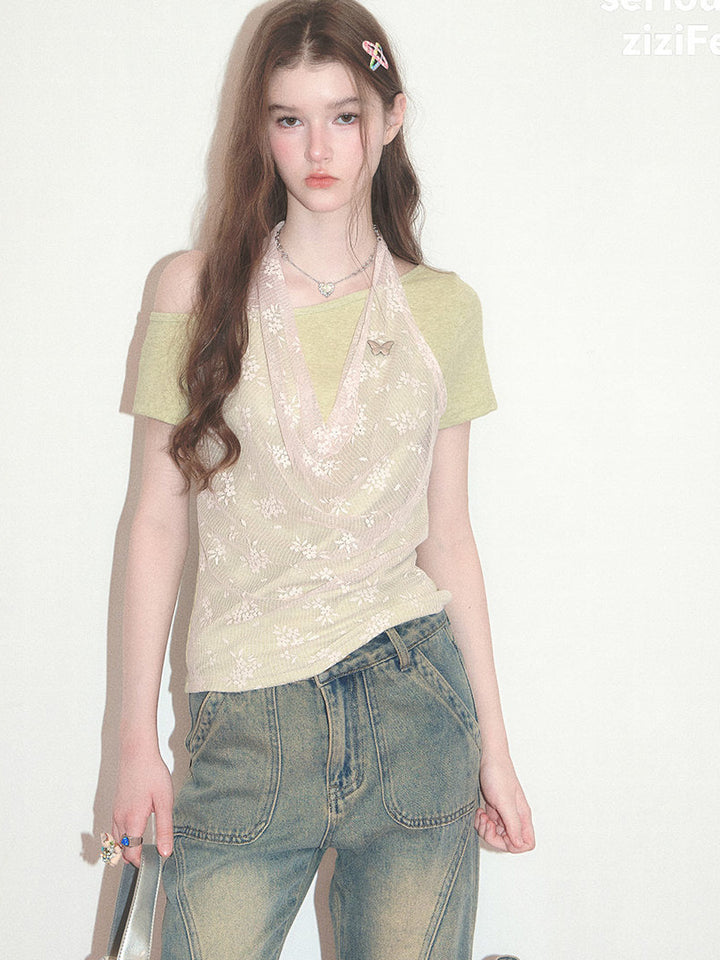 Floral Lace Faux Two-Piece T-Shirt