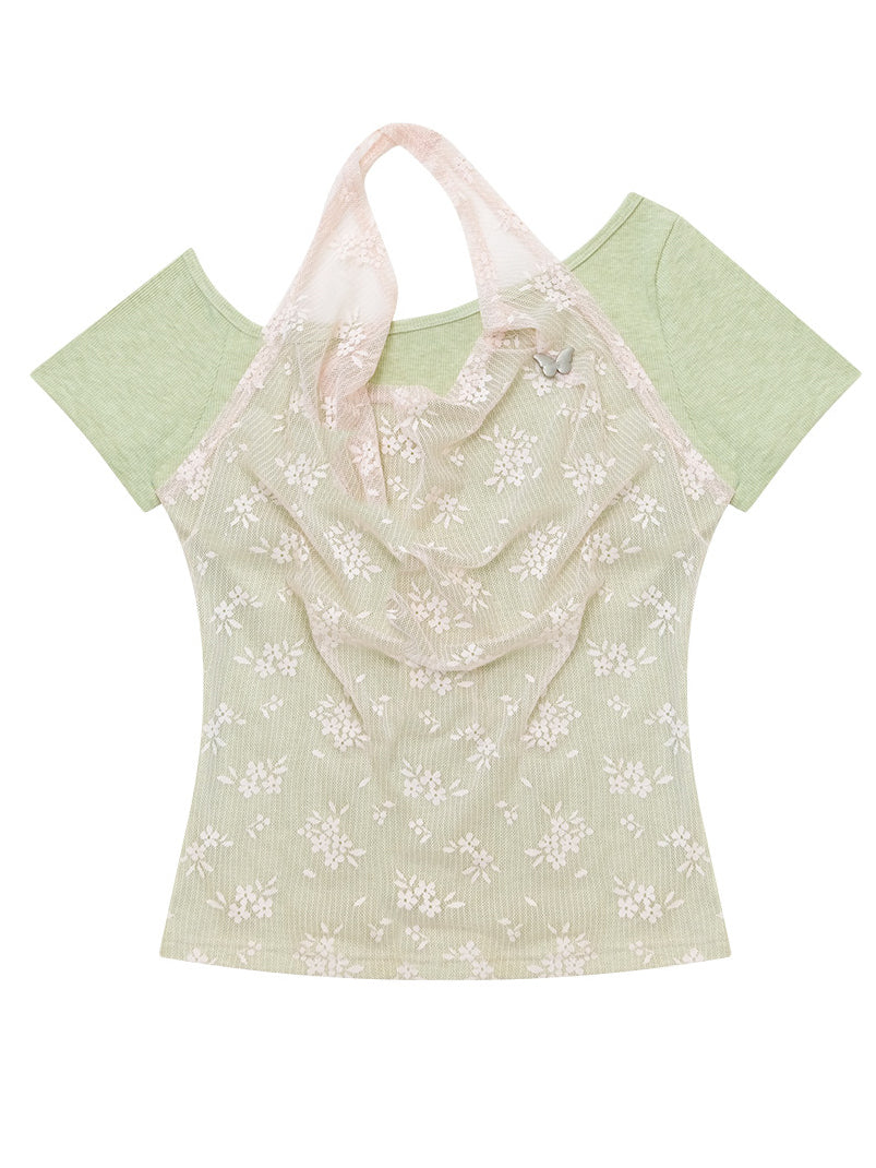 Floral Lace Faux Two-Piece T-Shirt