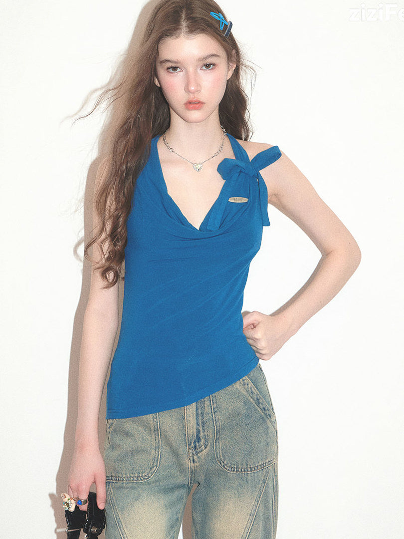Blue Cowl Neck Bow Halter Top