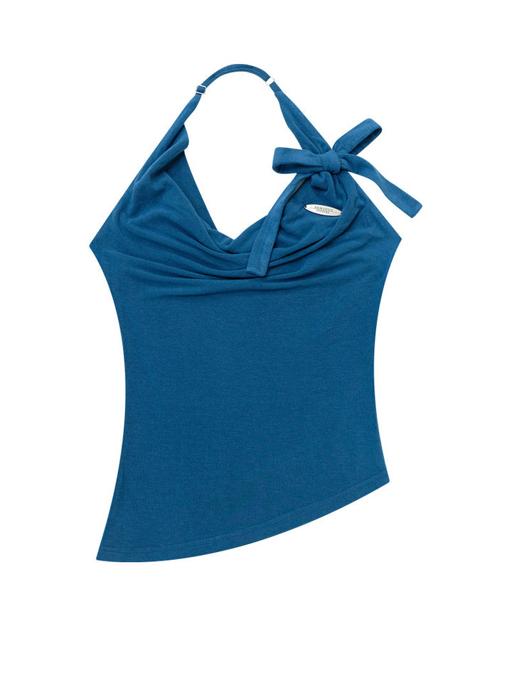 Blue Cowl Neck Bow Halter Top