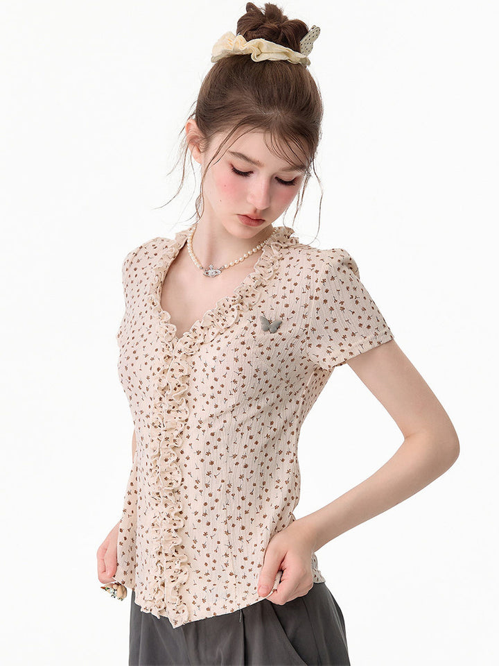 Vintage Floral Ruffle T-Shirt