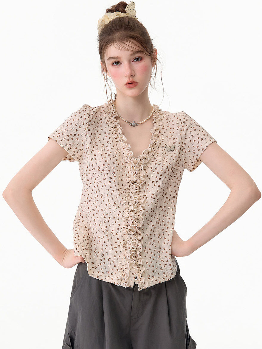 Vintage Floral Ruffle T-Shirt