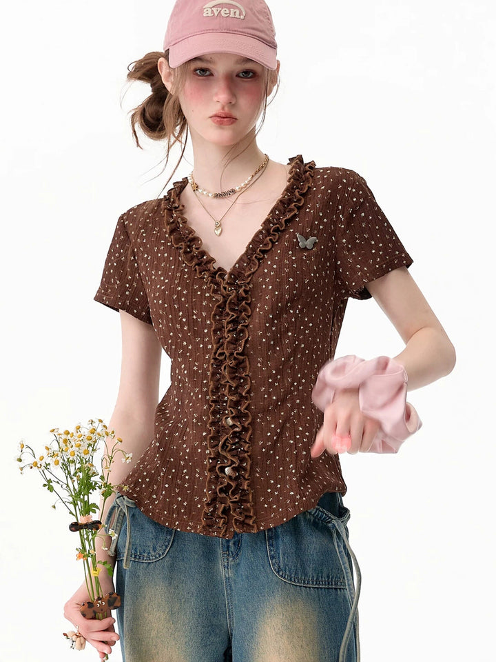 Brown Polka Dot Ruffle V-Neck T-Shirt
