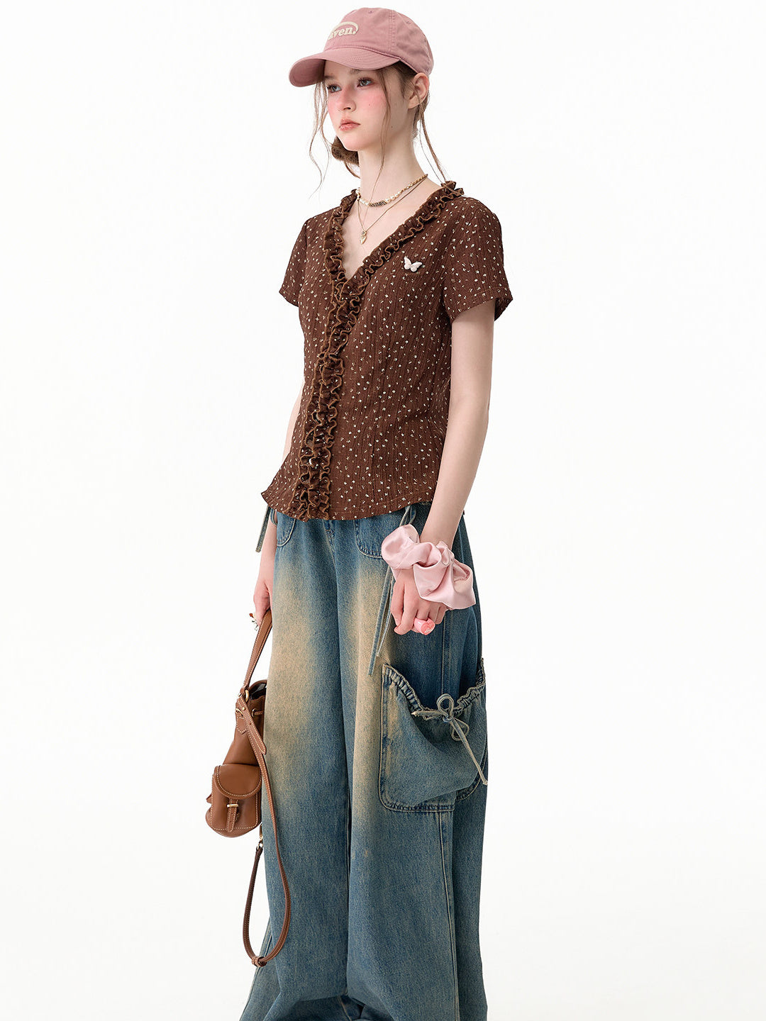 Brown Polka Dot Ruffle V-Neck T-Shirt