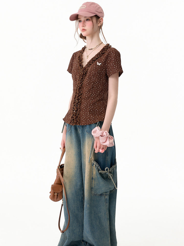 Brown Polka Dot Ruffle V-Neck T-Shirt