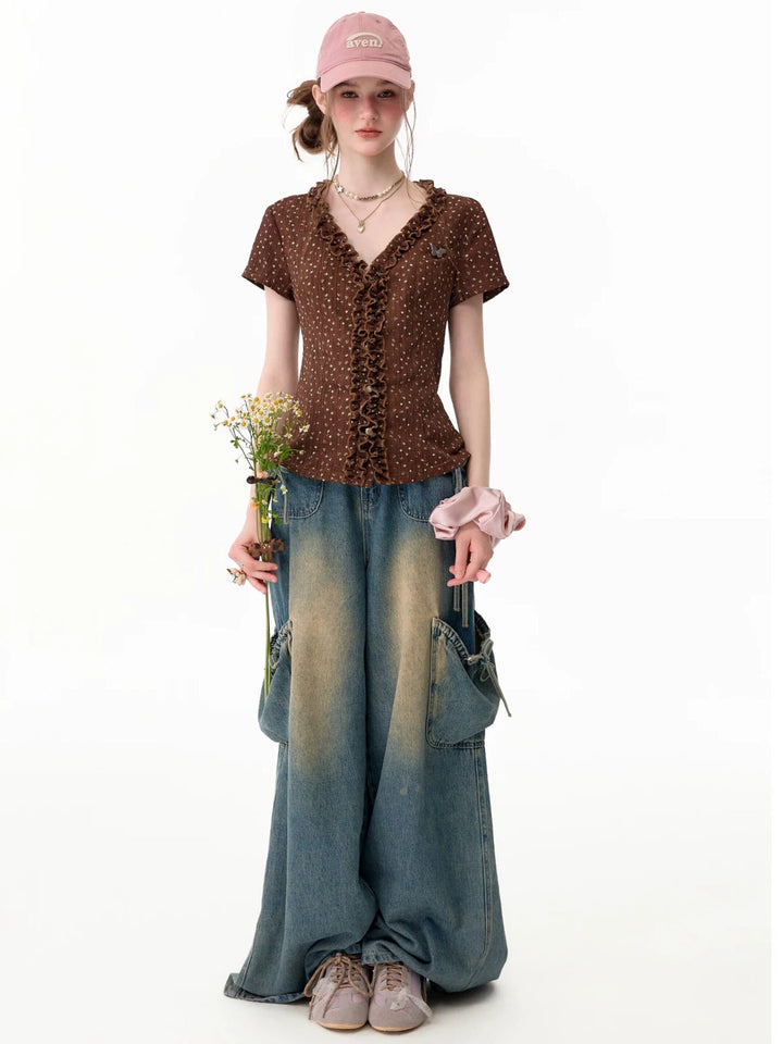 Brown Polka Dot Ruffle V-Neck T-Shirt