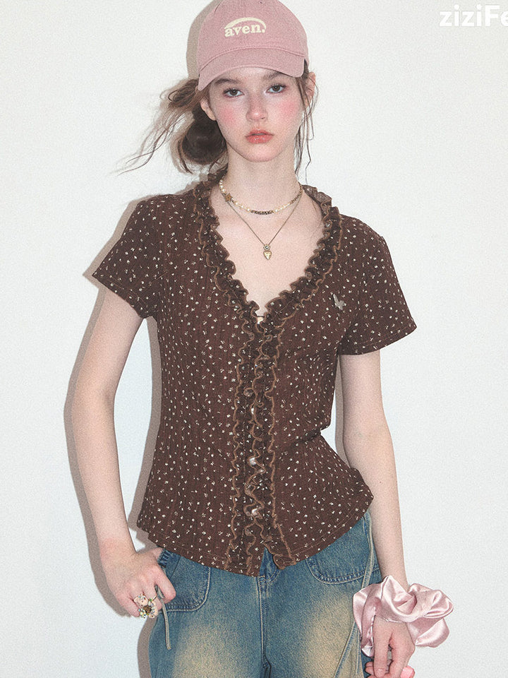 Brown Polka Dot Ruffle V-Neck T-Shirt