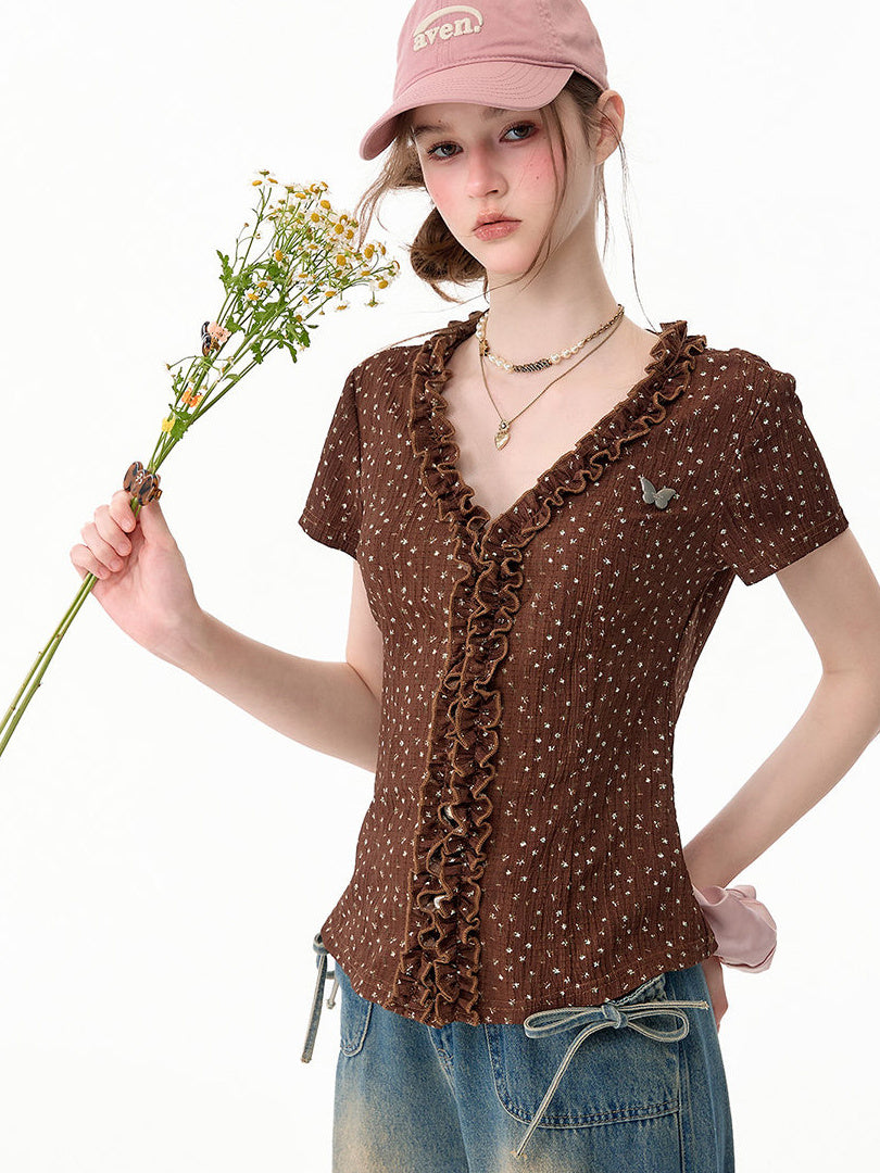 Brown Polka Dot Ruffle V-Neck T-Shirt