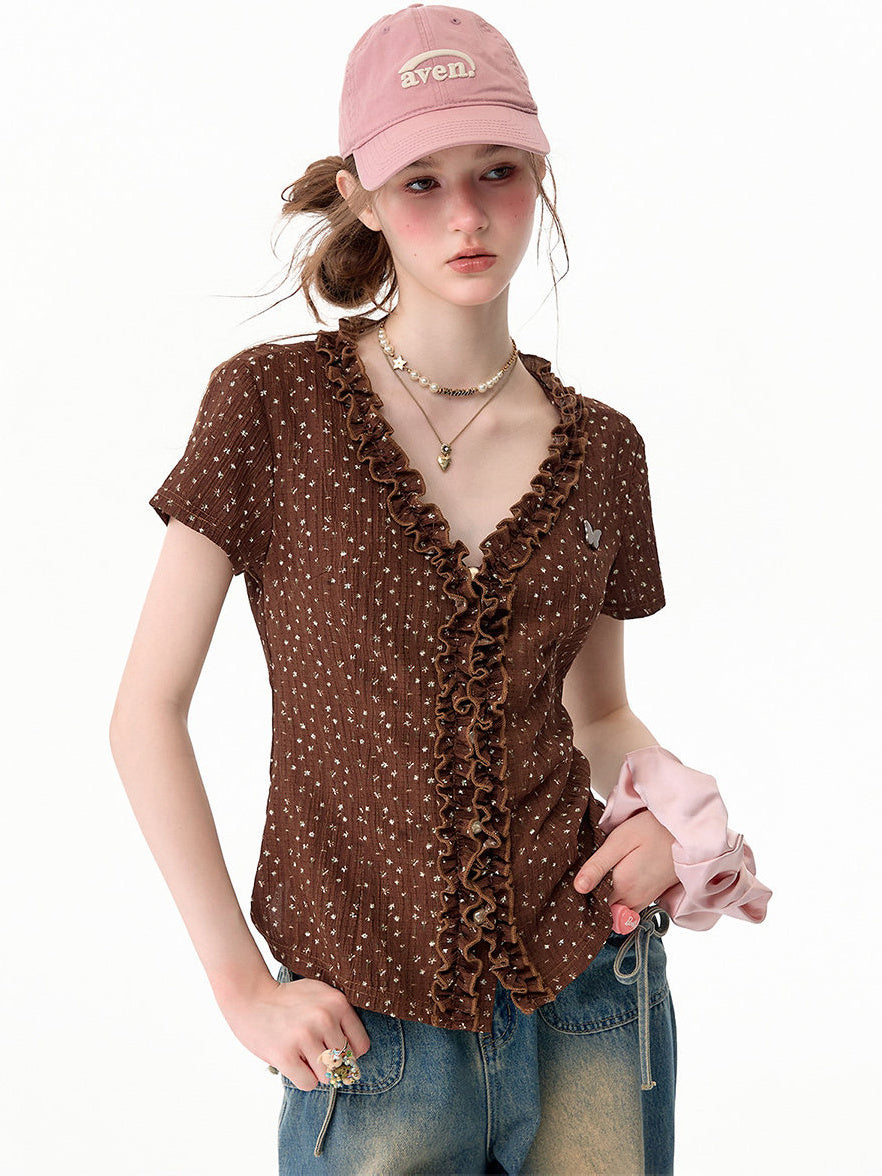 Brown Polka Dot Ruffle V-Neck T-Shirt
