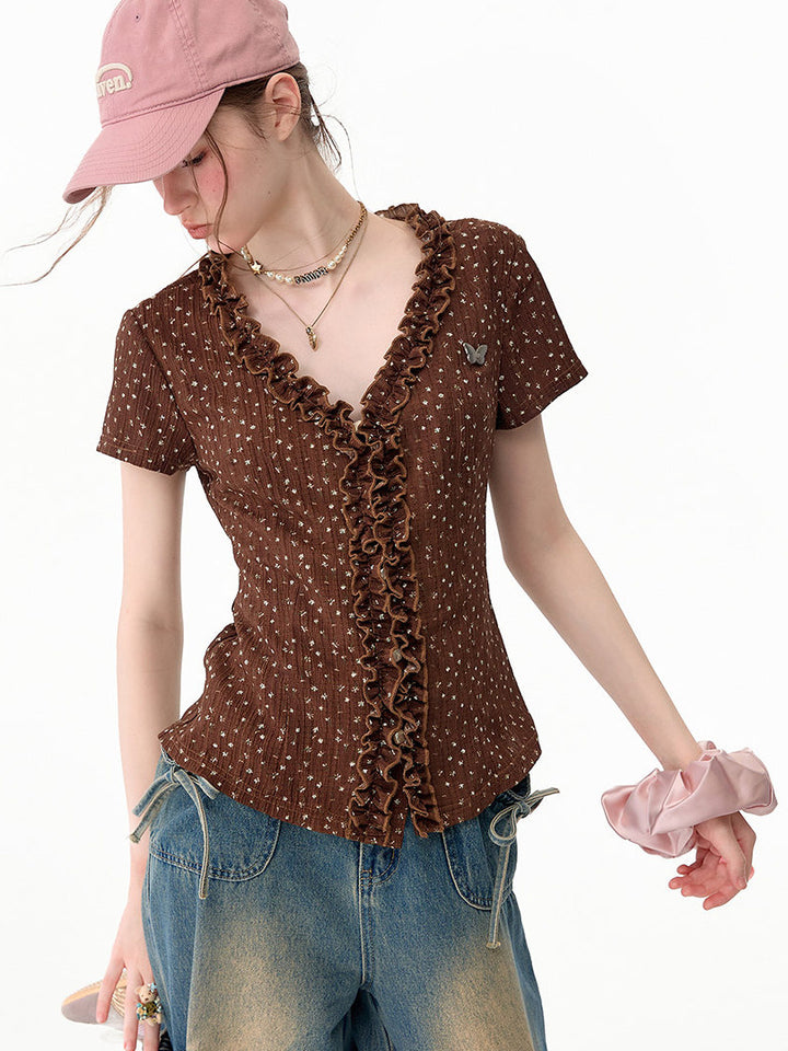 Brown Polka Dot Ruffle V-Neck T-Shirt