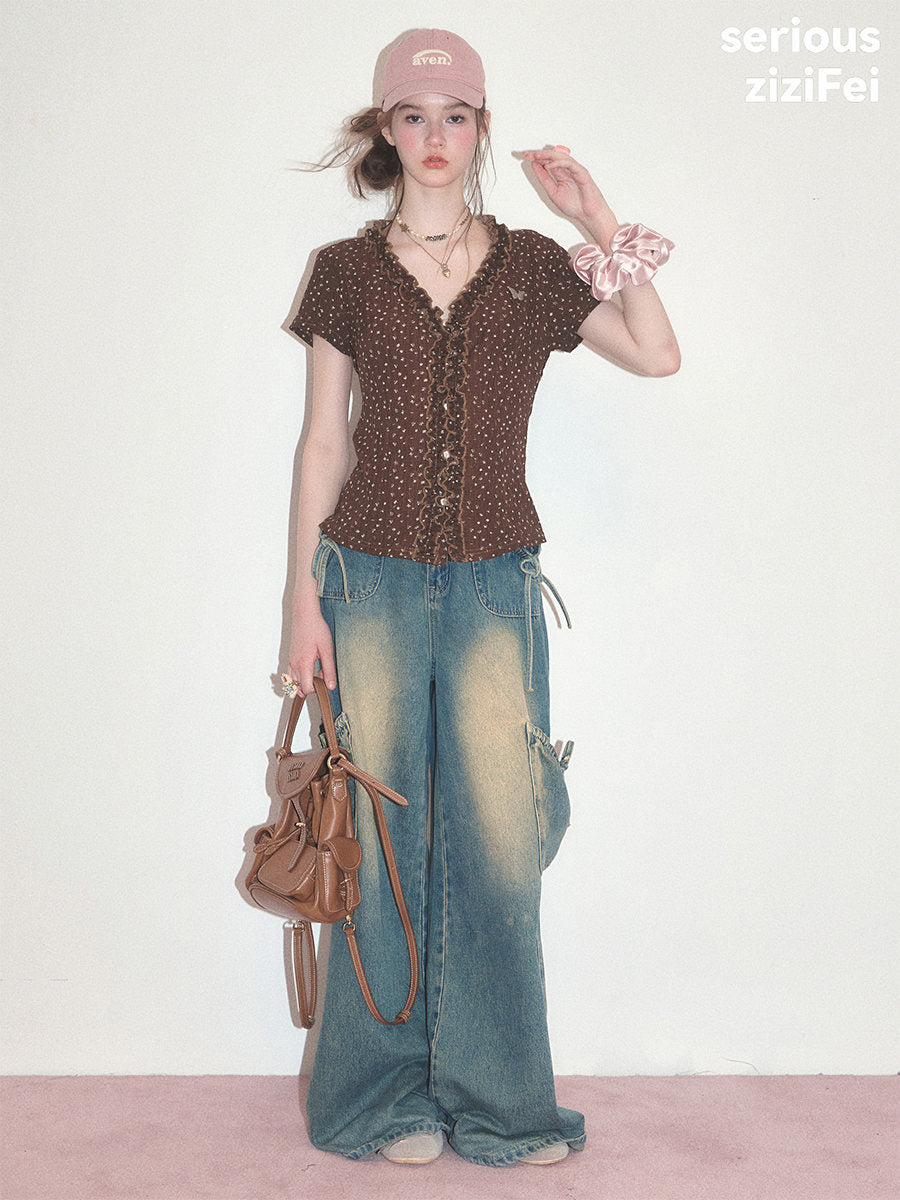 Brown Polka Dot Ruffle V-Neck T-Shirt