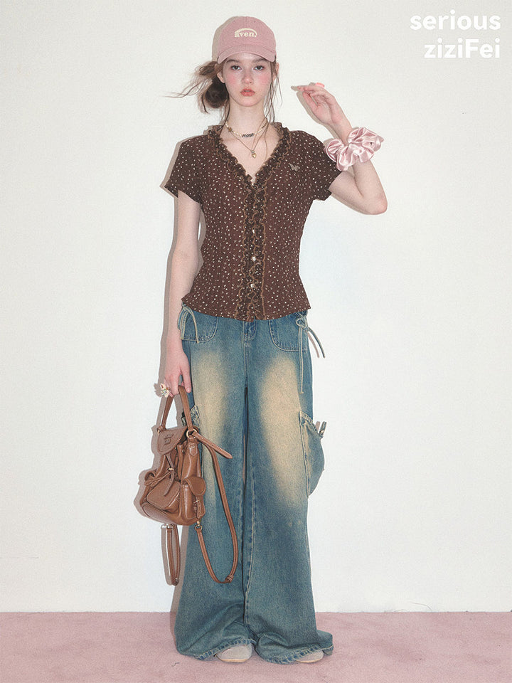 Brown Polka Dot Ruffle V-Neck T-Shirt