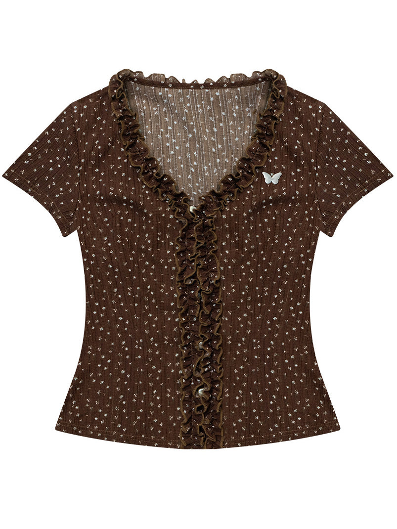 Brown Polka Dot Ruffle V-Neck T-Shirt
