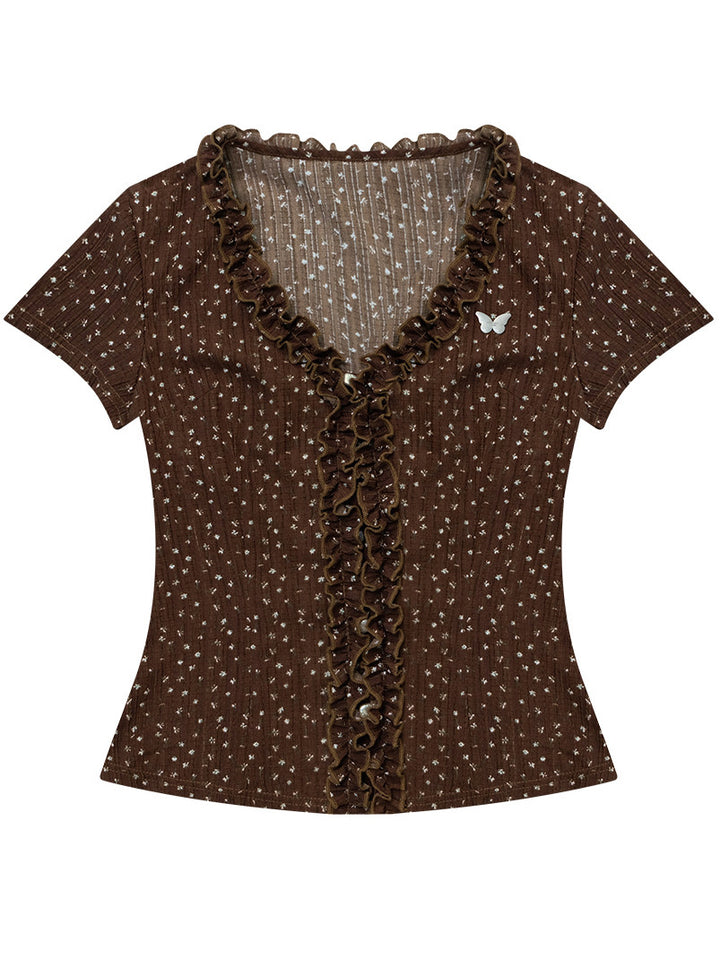 Brown Polka Dot Ruffle V-Neck T-Shirt