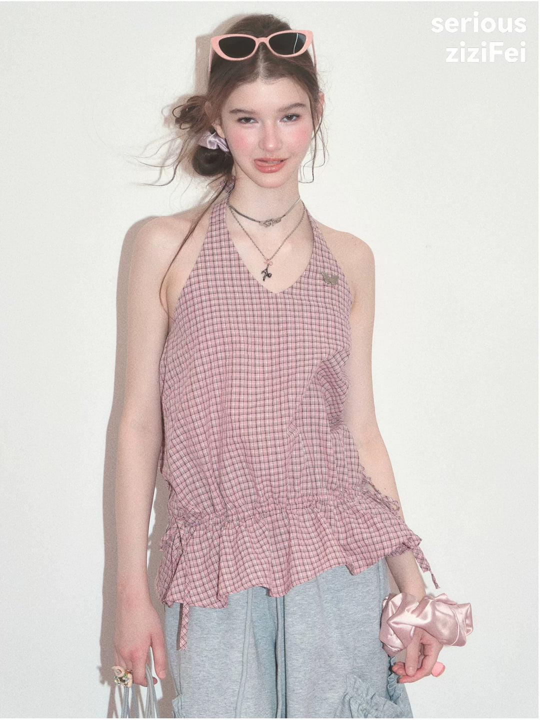 Pink Plaid Ruffle Halter Top