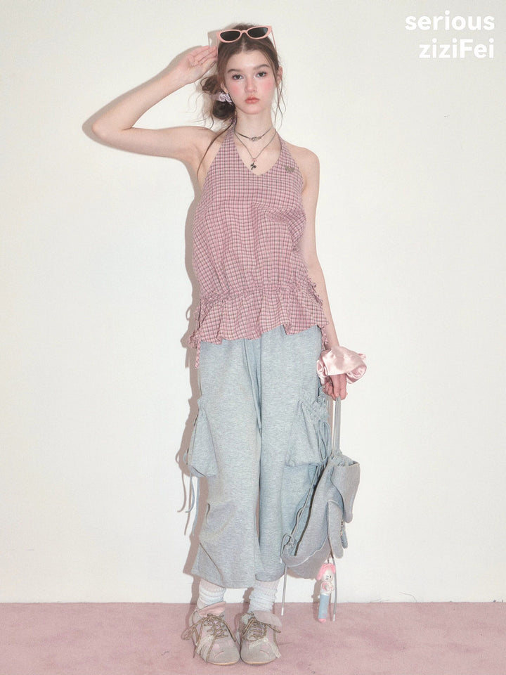 Pink Plaid Ruffle Halter Top
