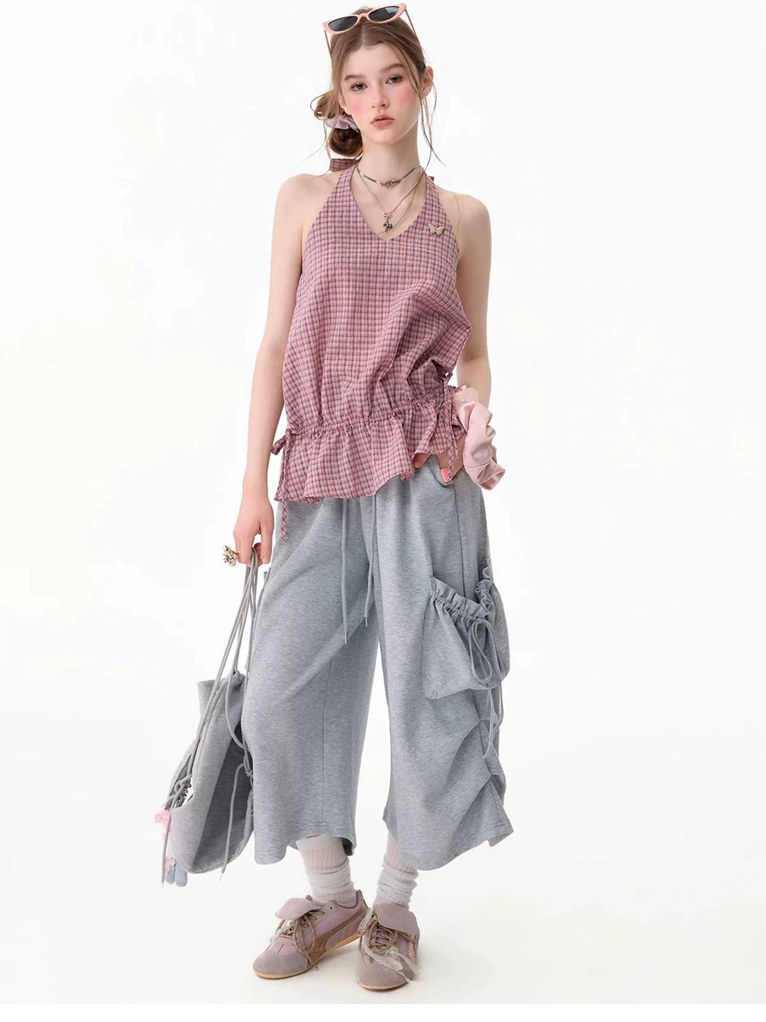Pink Plaid Ruffle Halter Top