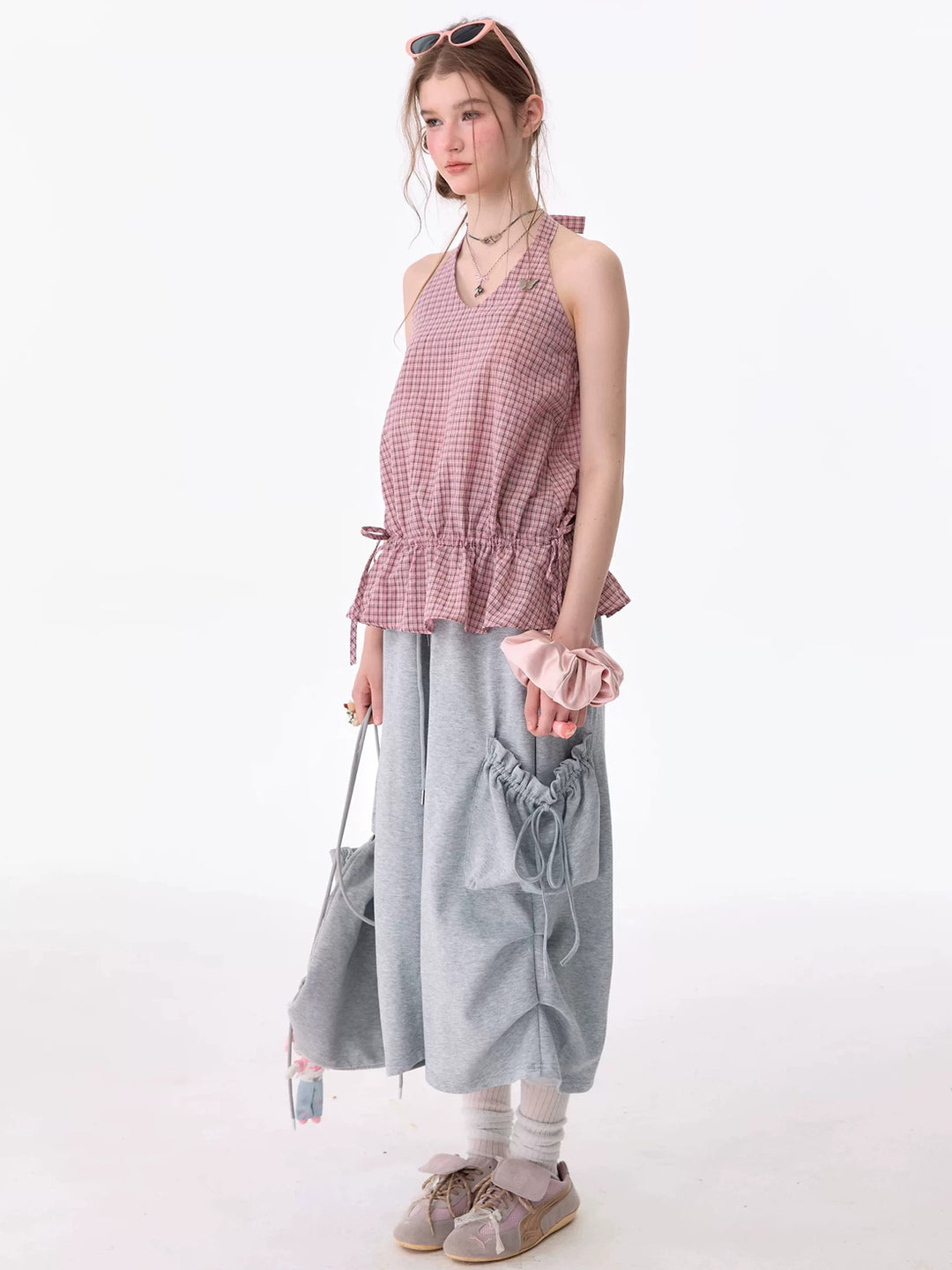 Pink Plaid Ruffle Halter Top