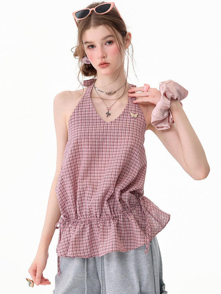 Pink Plaid Ruffle Halter Top