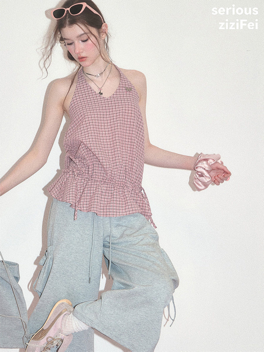 Pink Plaid Ruffle Halter Top