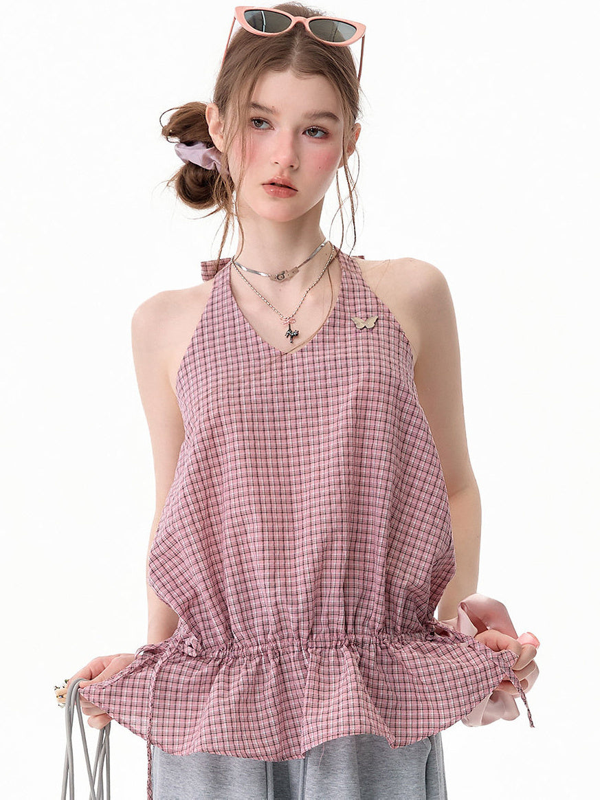 Pink Plaid Ruffle Halter Top