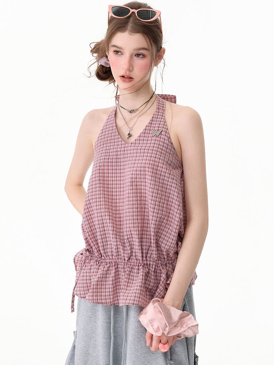 Pink Plaid Ruffle Halter Top