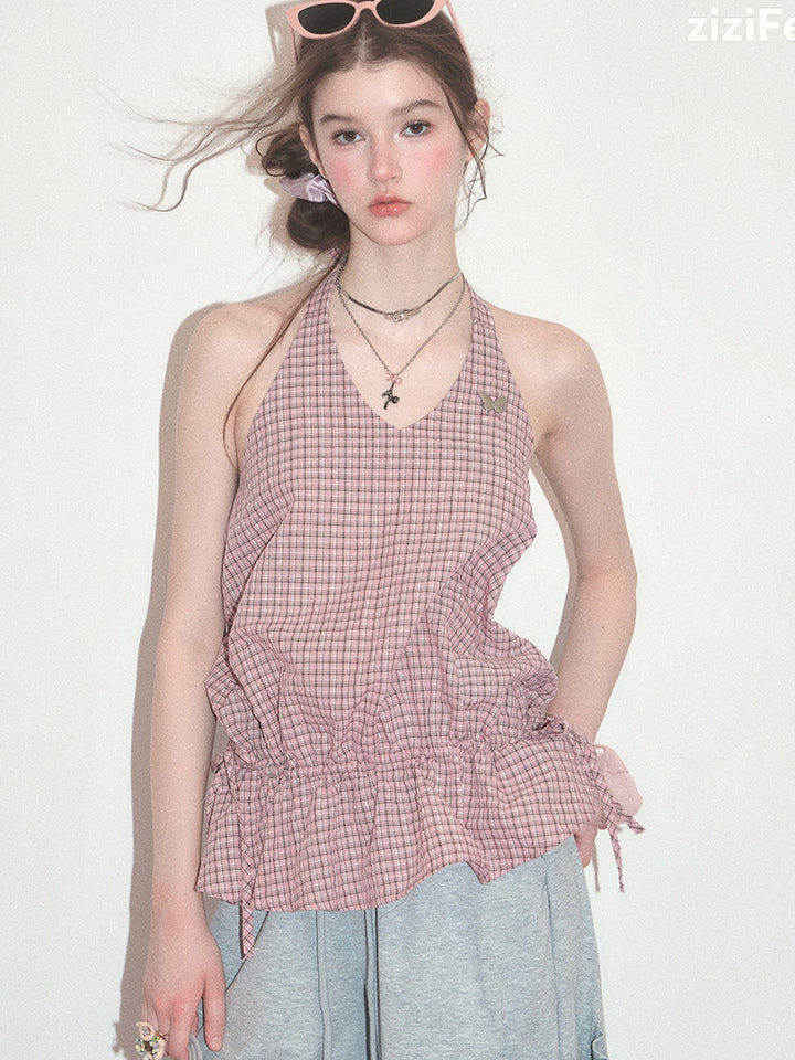 Pink Plaid Ruffle Halter Top