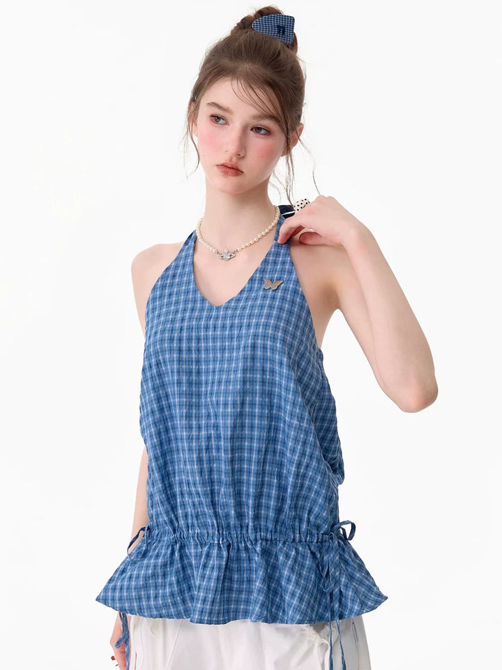 Blue Plaid Drawstring-Waist Halter Top