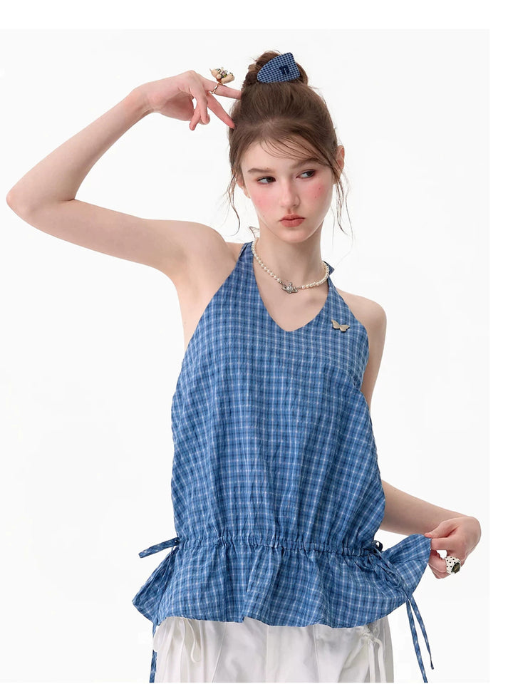 Blue Plaid Drawstring-Waist Halter Top